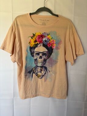 Frida Kahlo Pink Shirt, Floral, Skeleton - Size M
